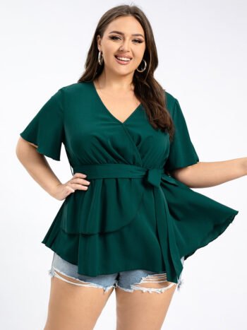 Plus Green V-Neck Flutter Sleeve Ditsy Blouse