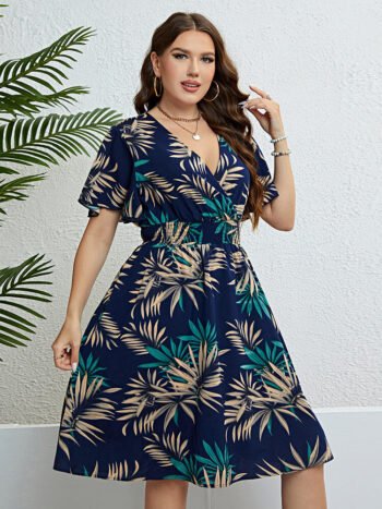 Plus Blue Tropical Print Ruffle Sleeve Ruffled Shirred Midi Dress
