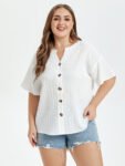 Notched Neck Button Front Drop Shoulder Blouse