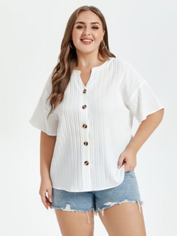 Notched Neck Button Front Drop Shoulder Blouse