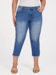 Plus Blue Elastic Waist Pocket Slit Cropped Jeans