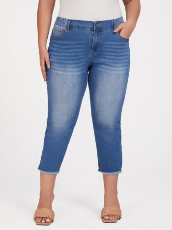 Plus Blue Elastic Waist Pocket Slit Cropped Jeans