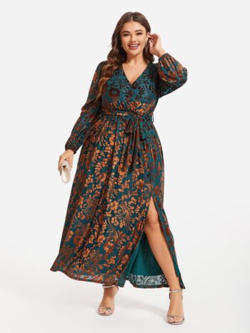 Floral Print Belted Split Wrap Velvet Burnout Maxi Dress