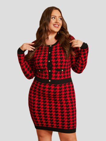 Plus Houndstooth Button Front Bodycon Knit Dress