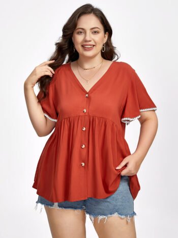 Plus Red V Neck Button Front Lace Ruffle Sleeve Blouse