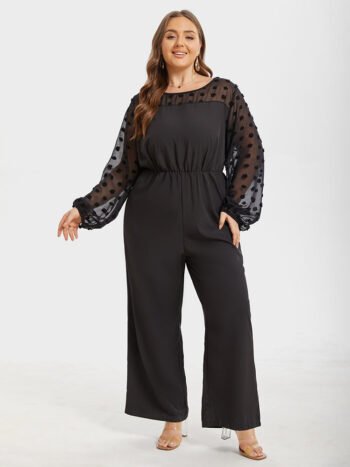 Plus Jacquard Mesh Patchwork Elastic Waist Jumpsuits