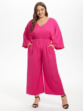 Batwing Sleeve Pocket Ruched Wide Leg Jumpsuit