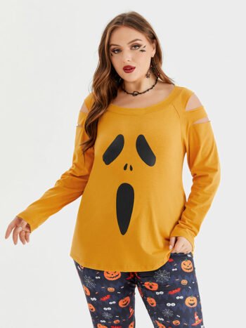 Halloween Print Cut Out Raglan Sleeve Tee