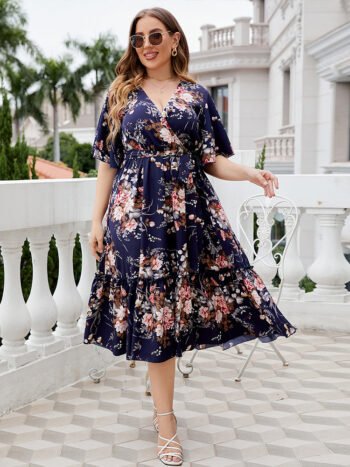 Plus Blue Floral Elastic Waist Maxi Dress