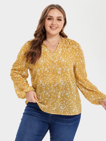 Allover Print Ruched Shoulder V-Neck Blouse
