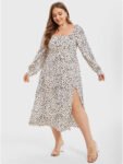 Leopard Print Square Neck Split Thigh Midi Dress