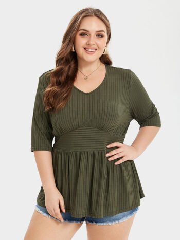 V-Neck Ribbed Knit Peplum Blouse