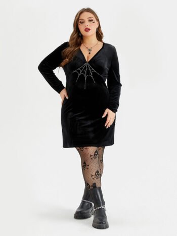 Halloween Spider Web Rhinestone Velvet Bodycon Dress