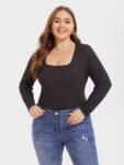 Solid Square Neck Ribbed Knit Tee