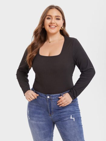 Solid Square Neck Ribbed Knit Tee