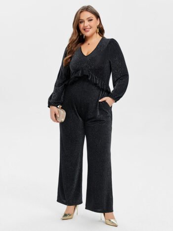 V-Neck Pocket Ruffle Glitter Jumpsuit