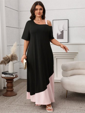 Contrast Patchwork Asymmetrical Neck Dress