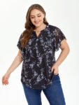 Floral Print Notched Neck Butterfly Sleeve Blouse