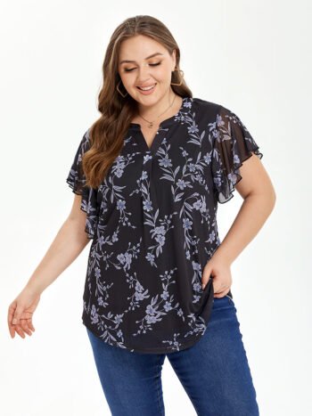 Floral Print Notched Neck Butterfly Sleeve Blouse