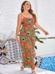 Plus Orange Tropical Print Spaghetti Strap Jumpsuit
