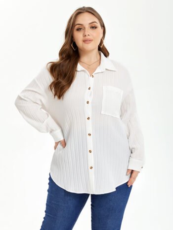 Solid Drop Shoulder Pocket Button Front Blouse