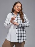 Plus Plaid Patchwork Button Front Blouse