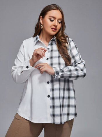 Plus Plaid Patchwork Button Front Blouse