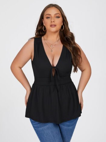 Plus Black Tie Front Ruffle Hem Tank Top