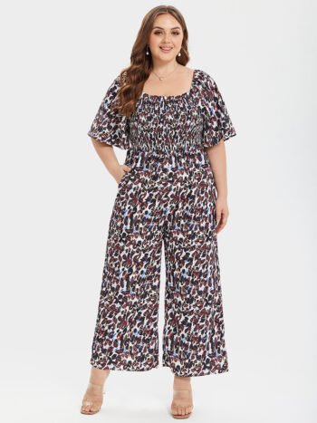 Plus Leopard Square Neck Ruffle Sleeve Pocket Elastic Waist Jumpsuits