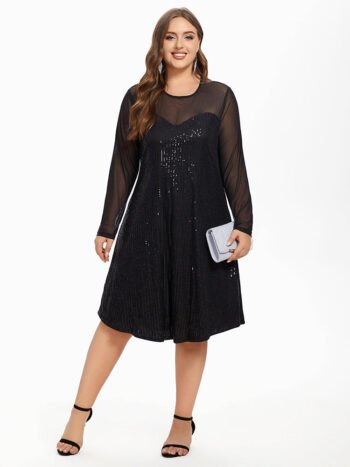 Contrast Mesh Sleeve Sequin Midi Dress