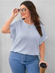 Plus Plain Round Neck Cuffed Sleeves Tee