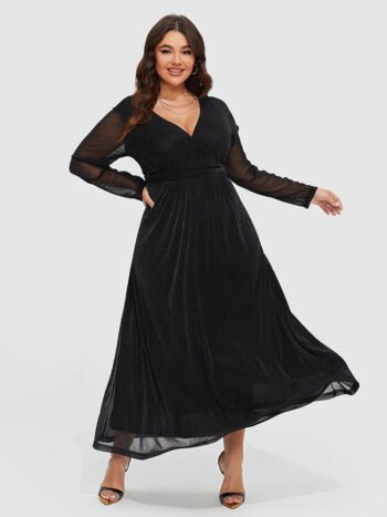 Contrast Mesh Sleeve Elastic Waist Gillter Dress
