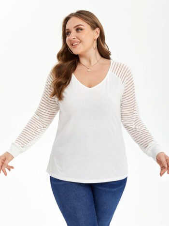 Solid V-Neck Contrast Mesh Sleeve Blouse