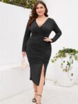 Plus Black Ruched Slit Party Midi Dress