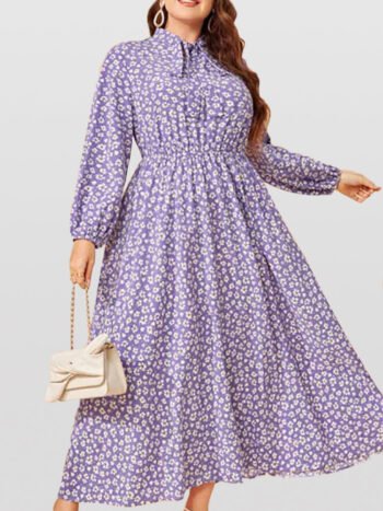 Plus Purple Floral Tie Neck Elastic Waist Maxi Dress