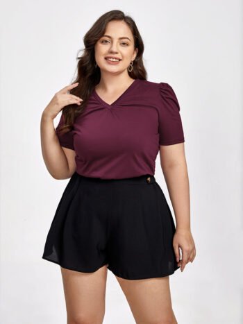 Plus Ruched V-Neck Puff Sleeve Tee