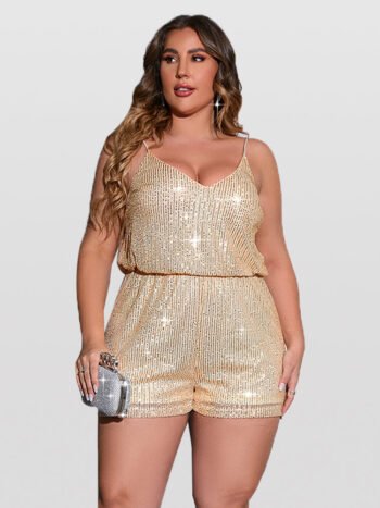 Plus Sequin V Neck Elastic Waist Rompers