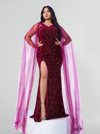 Plus Burgundy Sequin Embellished High Slit Sheer Cape Sleeves Maxi Dress