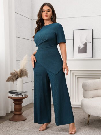 Solid Asymmetrical Hem Top & Wide Leg Pants Set