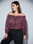 Plus Off Shoulder Frill Trim Leopard Blouse