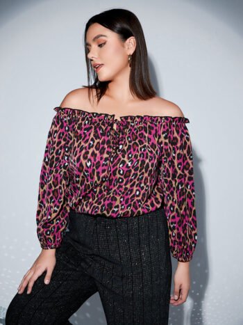 Plus Off Shoulder Frill Trim Leopard Blouse