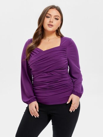 Solid Ruched Front Lantern Sleeve Blouse