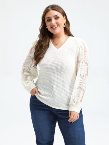 Plain V-Neck Lace Sleeve Blouse