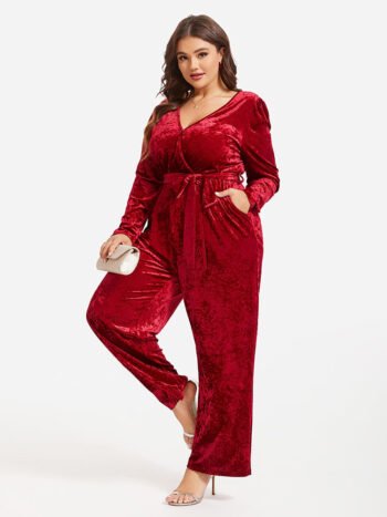 Belted Pocket Wide Leg Velvet Jumpsuit