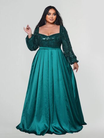 Plus Emerald Green Sequin Bodice Satin Long Sleeve Maxi Dress