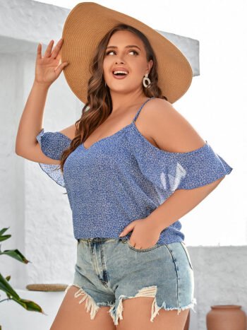 Plus Blue Floral Cold Shoulder Ruffle Trim Blouse