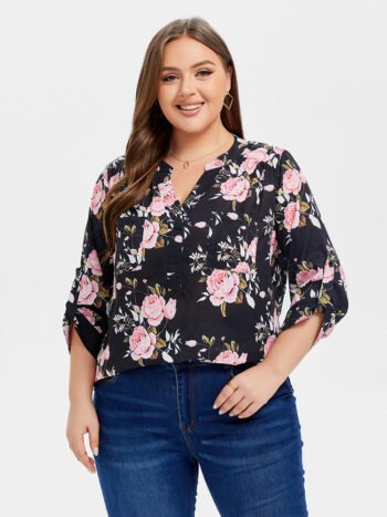 Floral Print V-Neck Roll Tab Sleeve Blouse