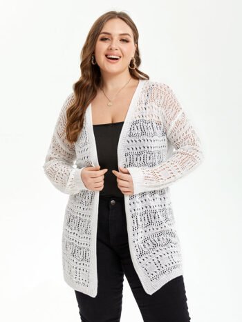 Solid Pointelle Knit Drop Shoulder Open Front Cardigan