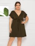 Plus Ruffle Sleeve Elastic Waist Knot Dress