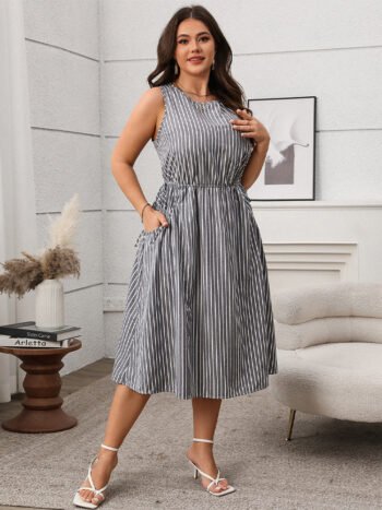 Striped Print Pocket Split Sleeveless Dress